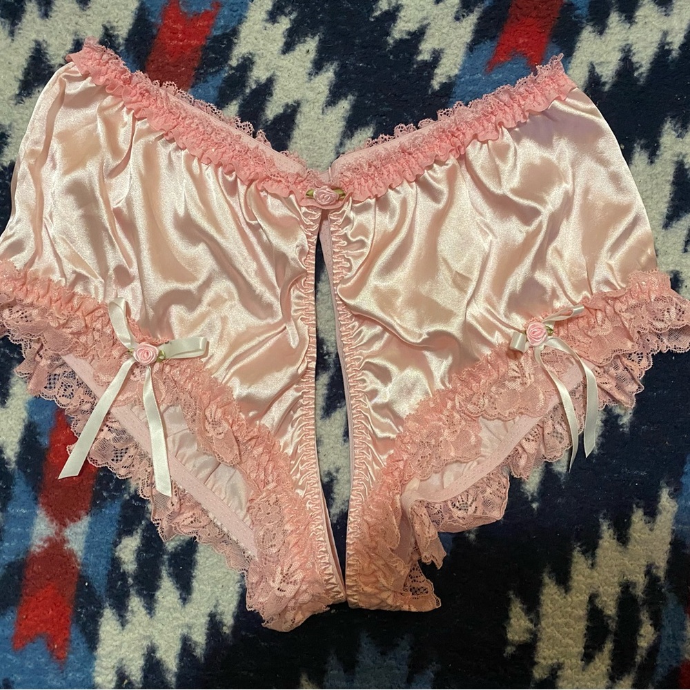 Pink Satin Lace Trim Crotchless Panties